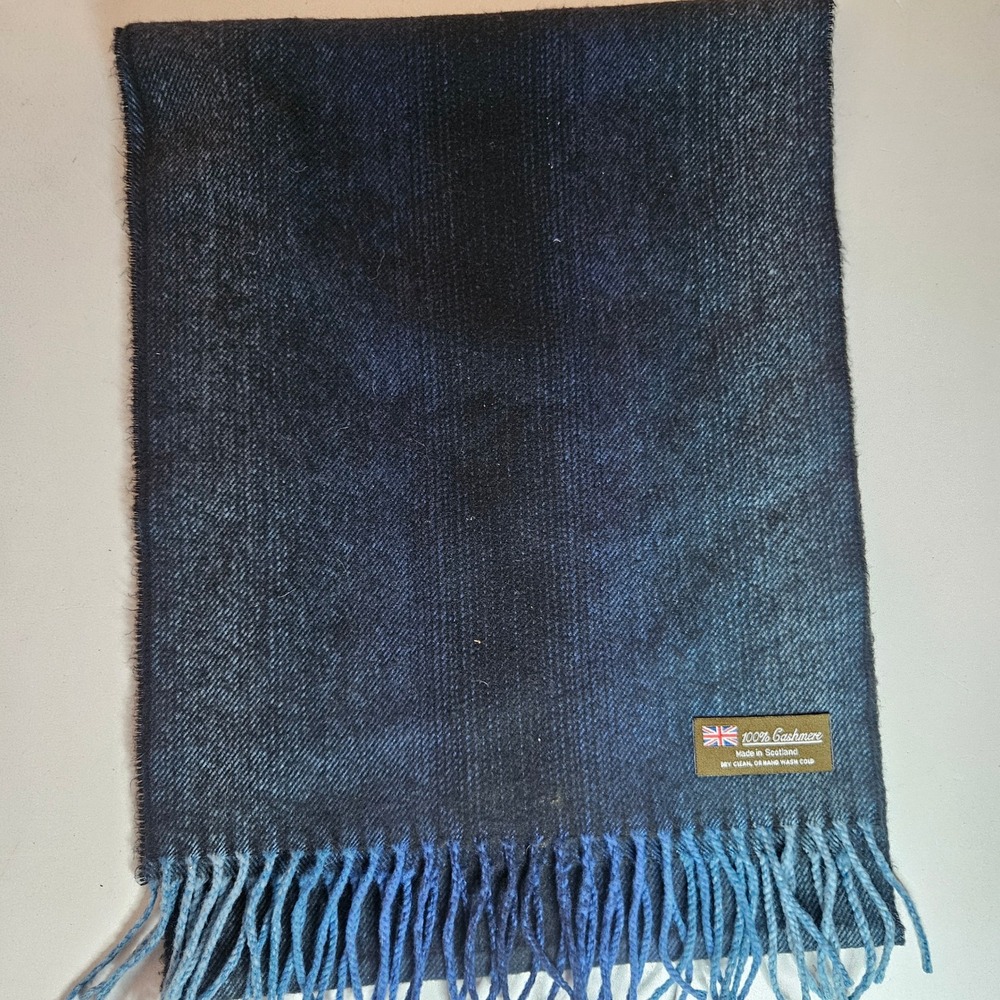 Made in Scotland 100% Cashmere Scarf Navy Blue Ombre Fringe Gradient Unisex